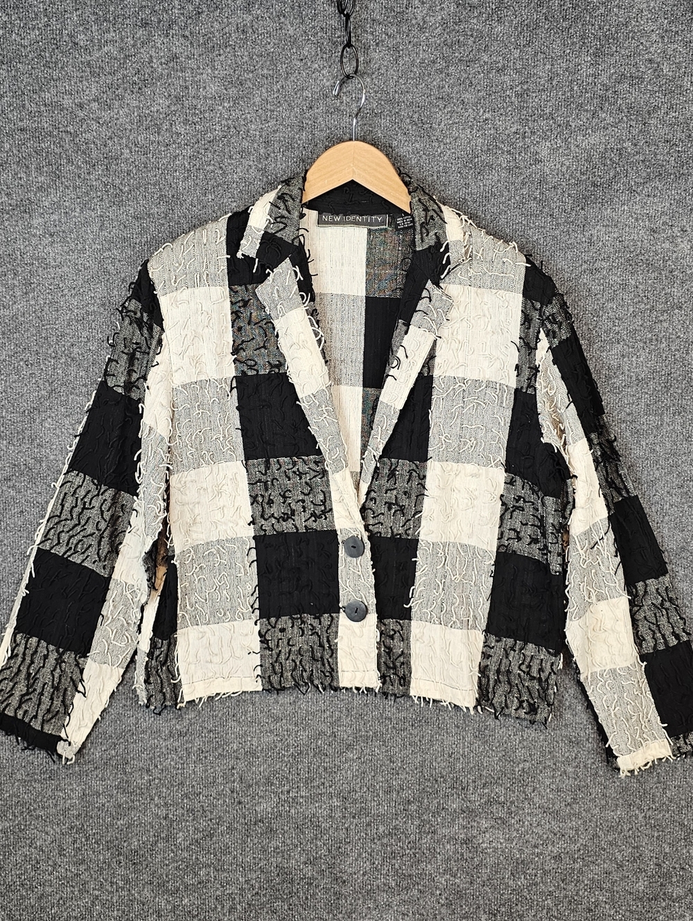 VTG New Identity Black & White Shaggy Textured Checkered Blazer Size- Large